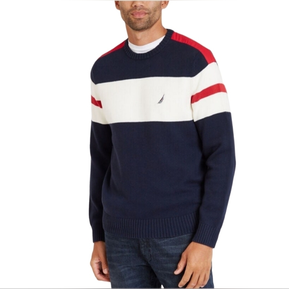 Nautica Men's Navy, White and Red Colorblock Crewneck Sweater Size 2XLT